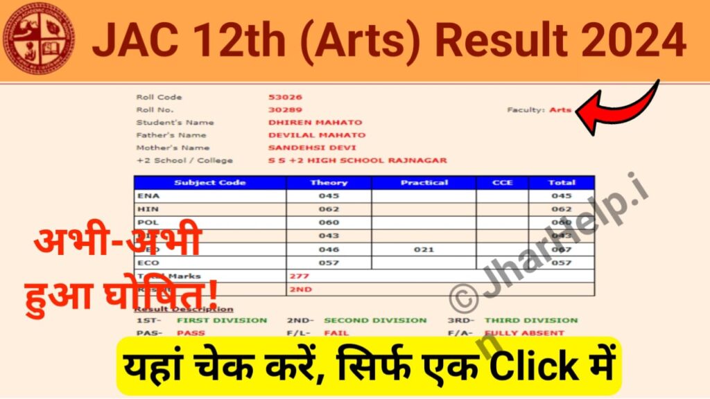 JAC 12th Arts Result 2024 Direct Link