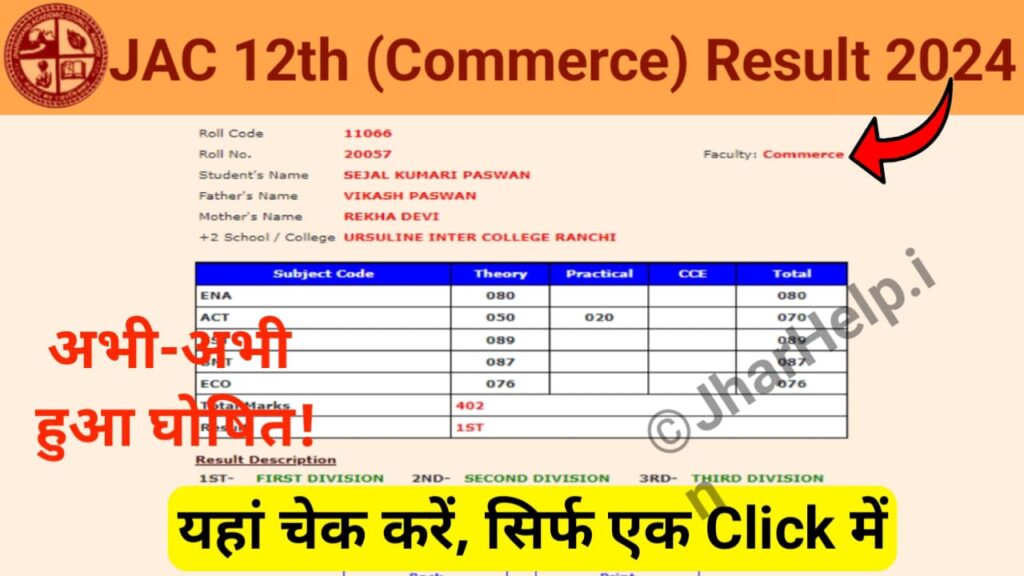 JAC 12th Commerce Result 2024 Direct Link Available